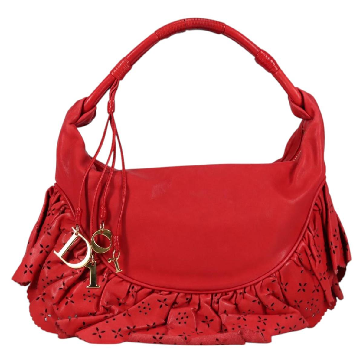 Christian Dior Hand Bag Leather Red Gold Auth 141073V