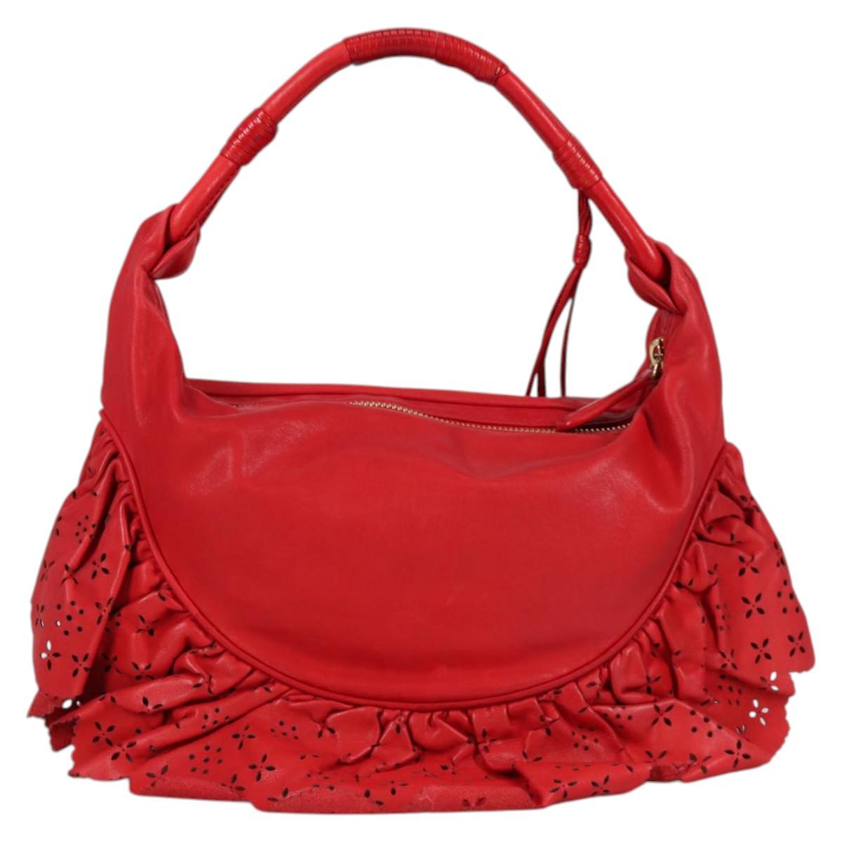 Christian Dior Hand Bag Leather Red Gold Auth 141073V