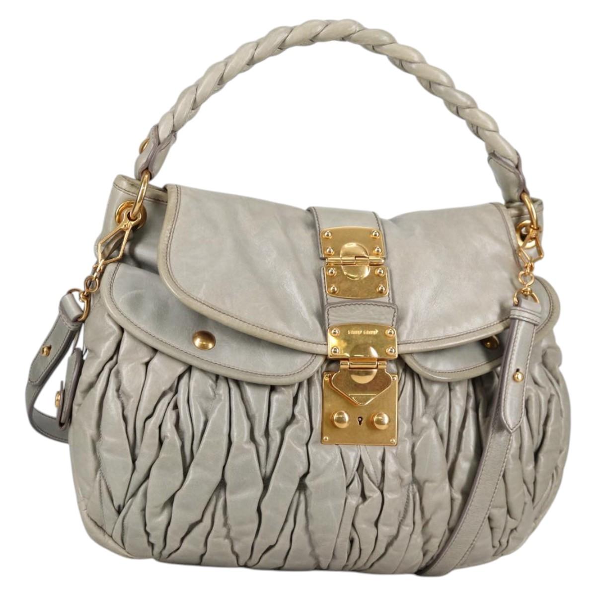 Miu Miu Matelasse Shoulder Bag Leather 2way Gray Gold Auth 141090V
