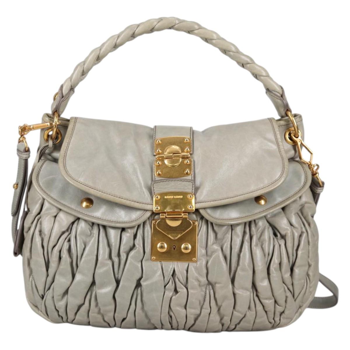 Miu Miu Matelasse Shoulder Bag Leather 2way Gray Gold Auth 141090V