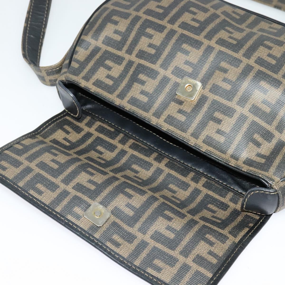 FENDI Zucca Canvas Shoulder Bag PVC Brown Black gold Auth 141091