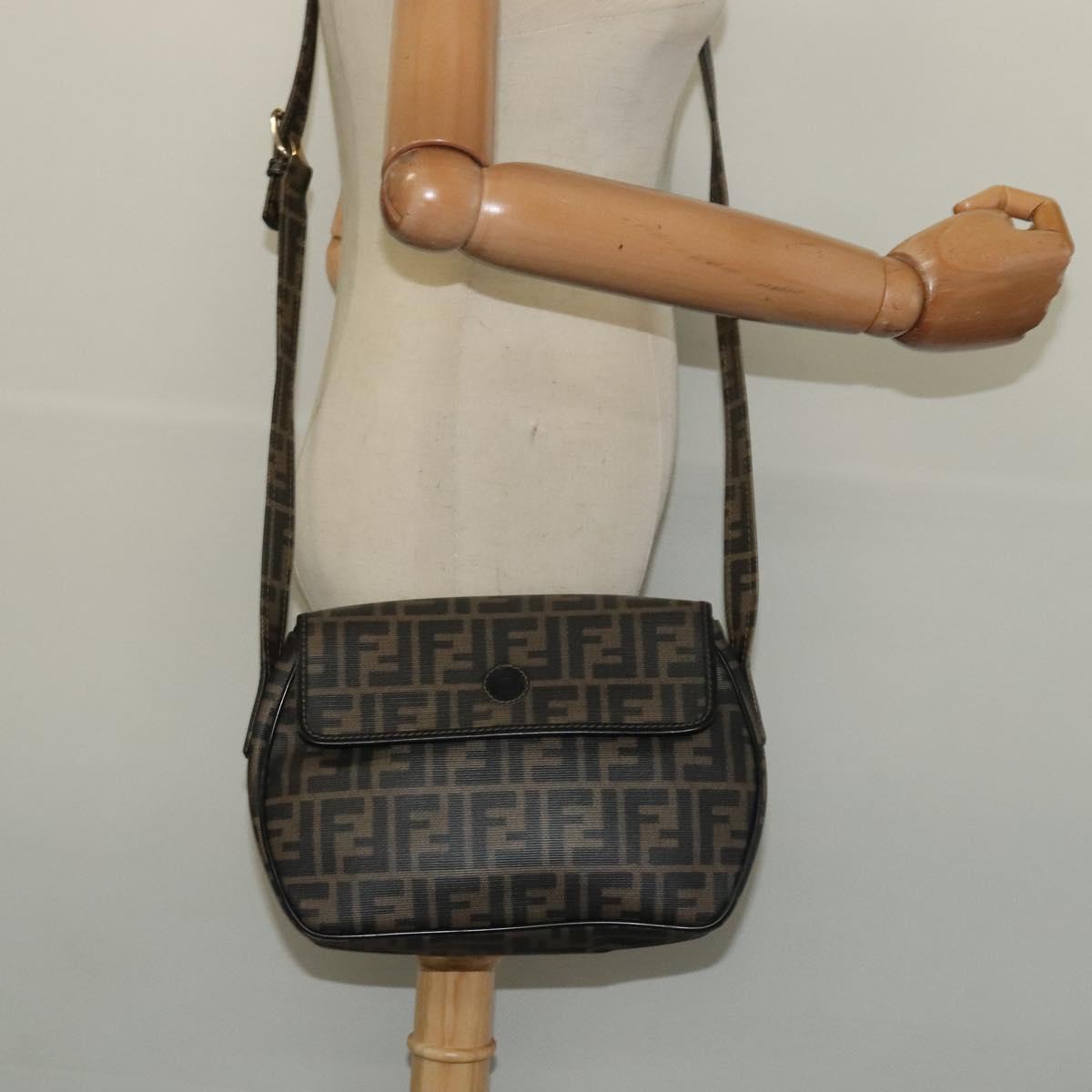 FENDI Zucca Canvas Shoulder Bag PVC Brown Black gold Auth 141091