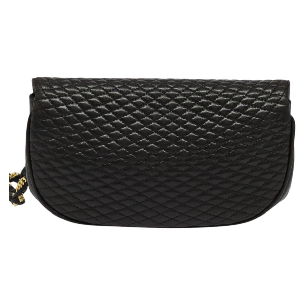 BALLY Quilted Chain Shoulder Bag Leather Black Gold Auth 141092