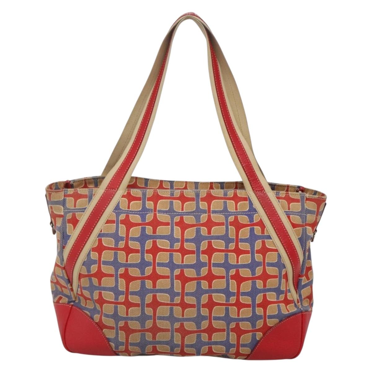 PRADA Tote Bag Canvas Leather Red Gold Auth 141096