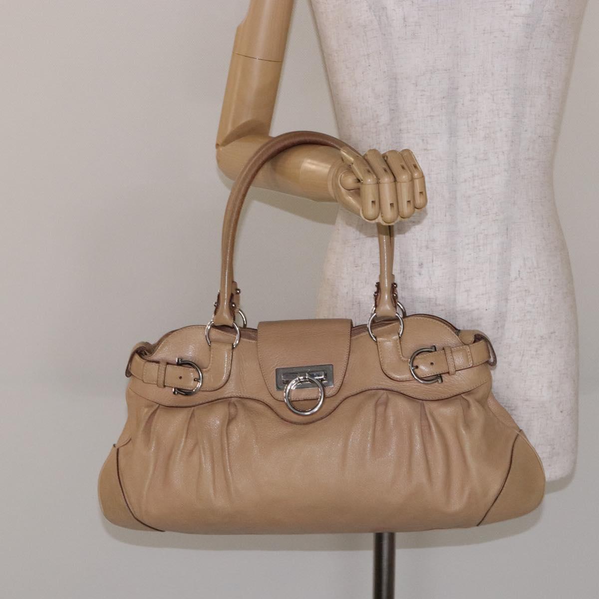 Salvatore Ferragamo Gancini Hand Bag Leather Beige Silver Auth 141104