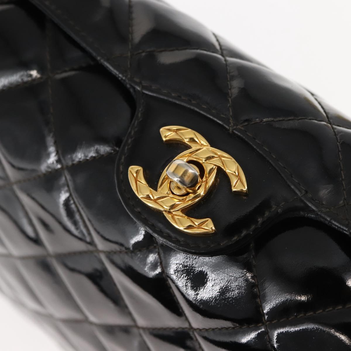 CHANEL Matelasse Shoulder Bag Patent leather Black Gold CC Auth 141133