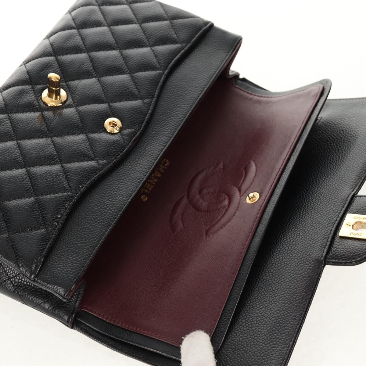 CHANEL Matelasse 25 Double Flap Chain Bag Caviar Skin Black Gold CC Auth 141138M
