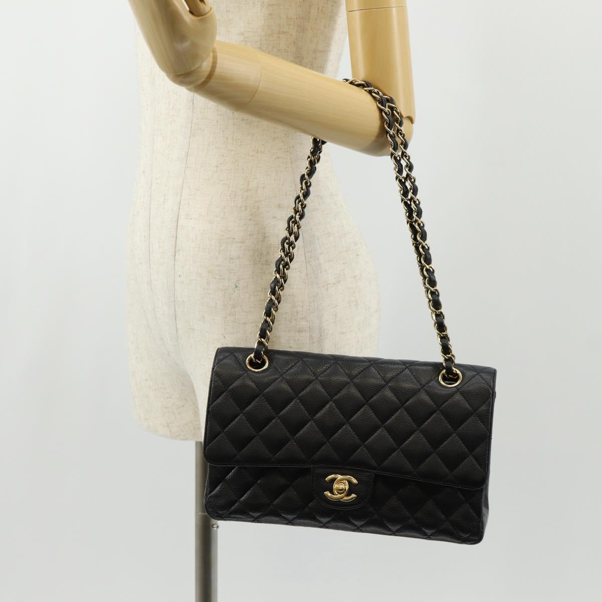 CHANEL Matelasse 25 Double Flap Chain Bag Caviar Skin Black Gold CC Auth 141138M
