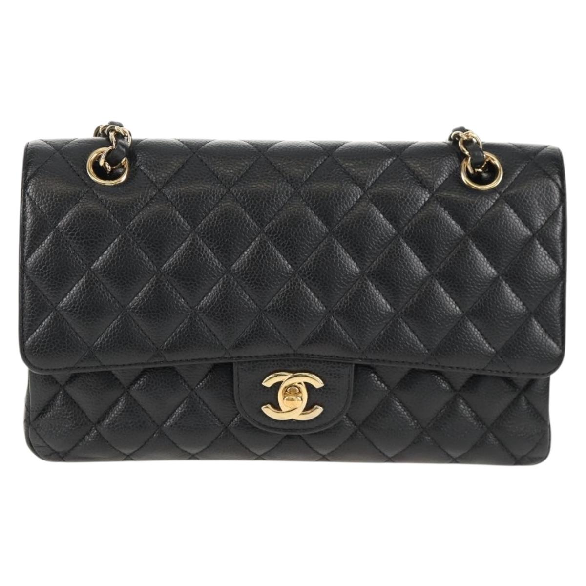 CHANEL Matelasse 25 Double Flap Chain Bag Caviar Skin Black Gold CC Auth 141138M