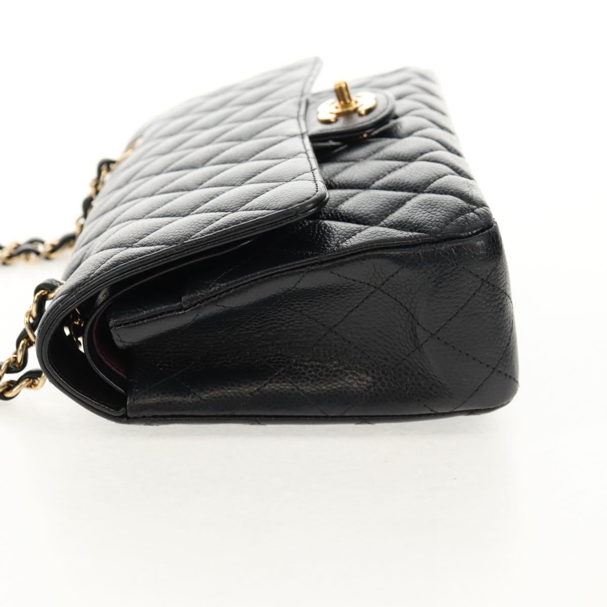 CHANEL Matelasse 25 Double Flap Chain Bag Caviar Skin Black Gold CC Auth 141138M