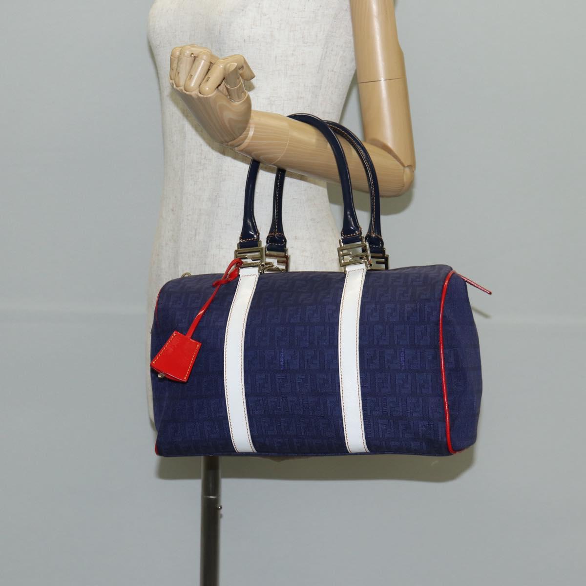 FENDI Zucchino Canvas Boston Bag Navy Gold Auth 141159V