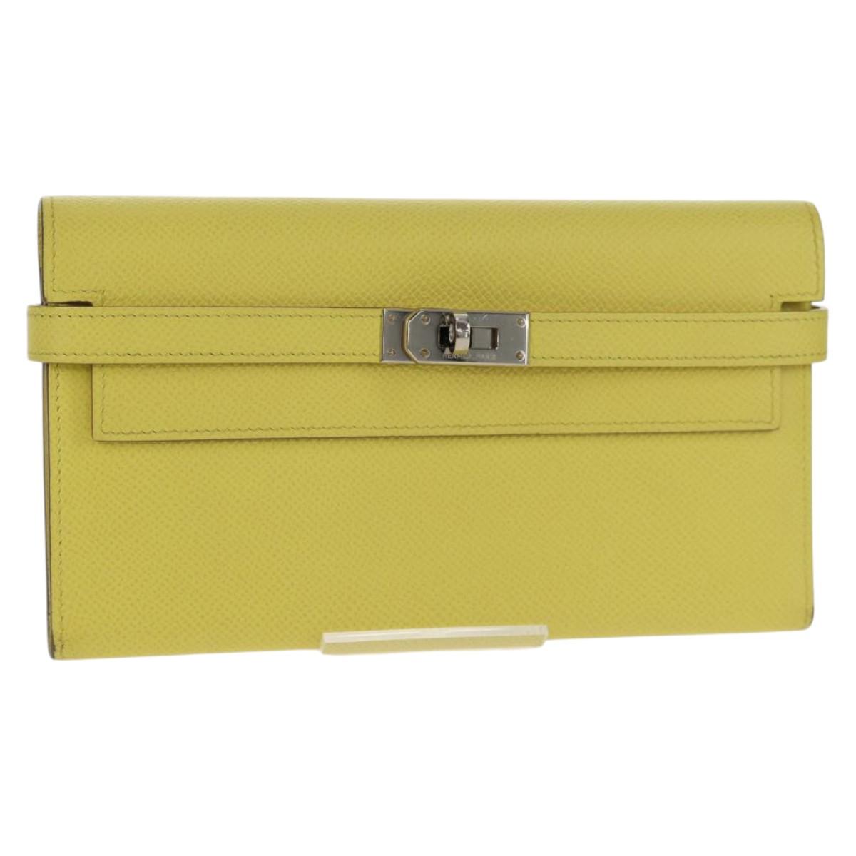 HERMES Kelly Long Wallet Leather Yellow Silver Auth 141186M