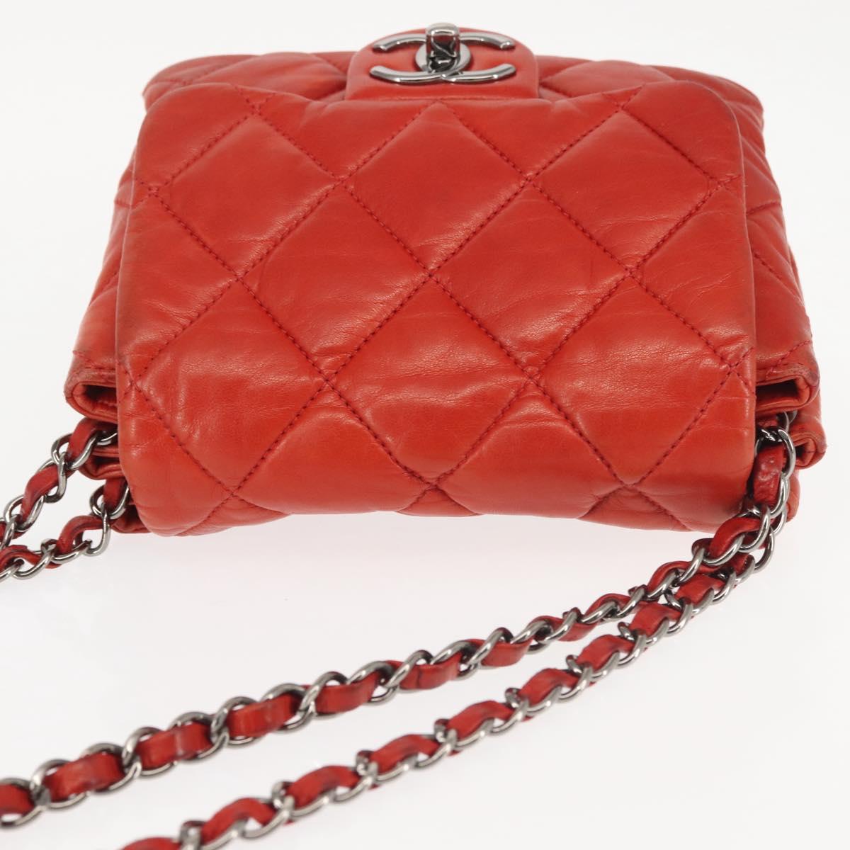 CHANEL Matelasse Chain Shoulder Bag Lamb Skin Red CC Auth 141220