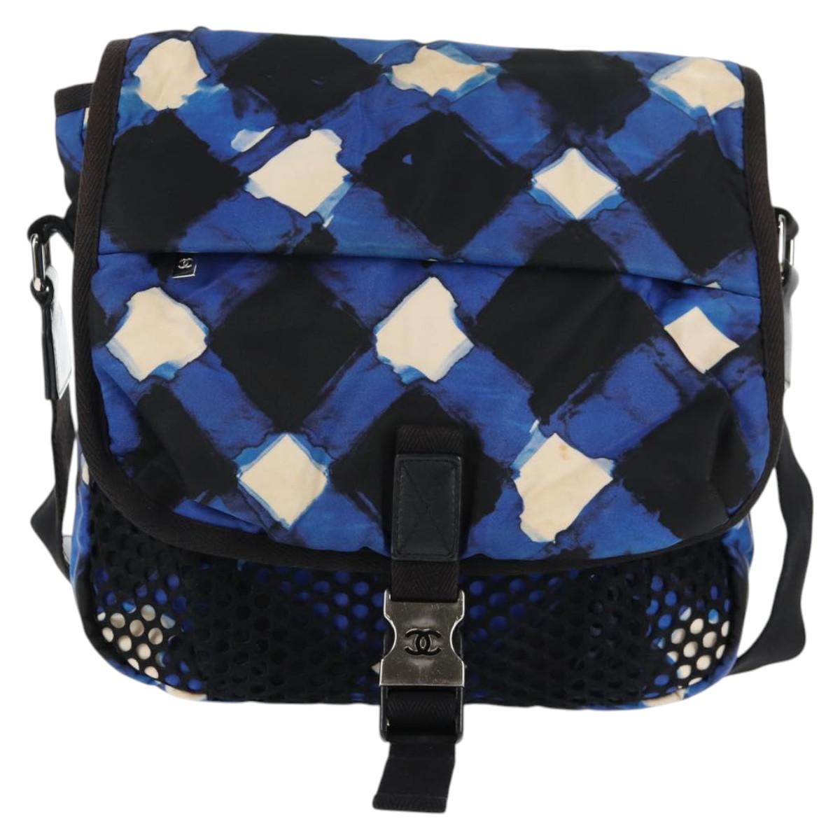 CHANEL Shoulder Bag Nylon Blue Black Silver CC Auth 141222A