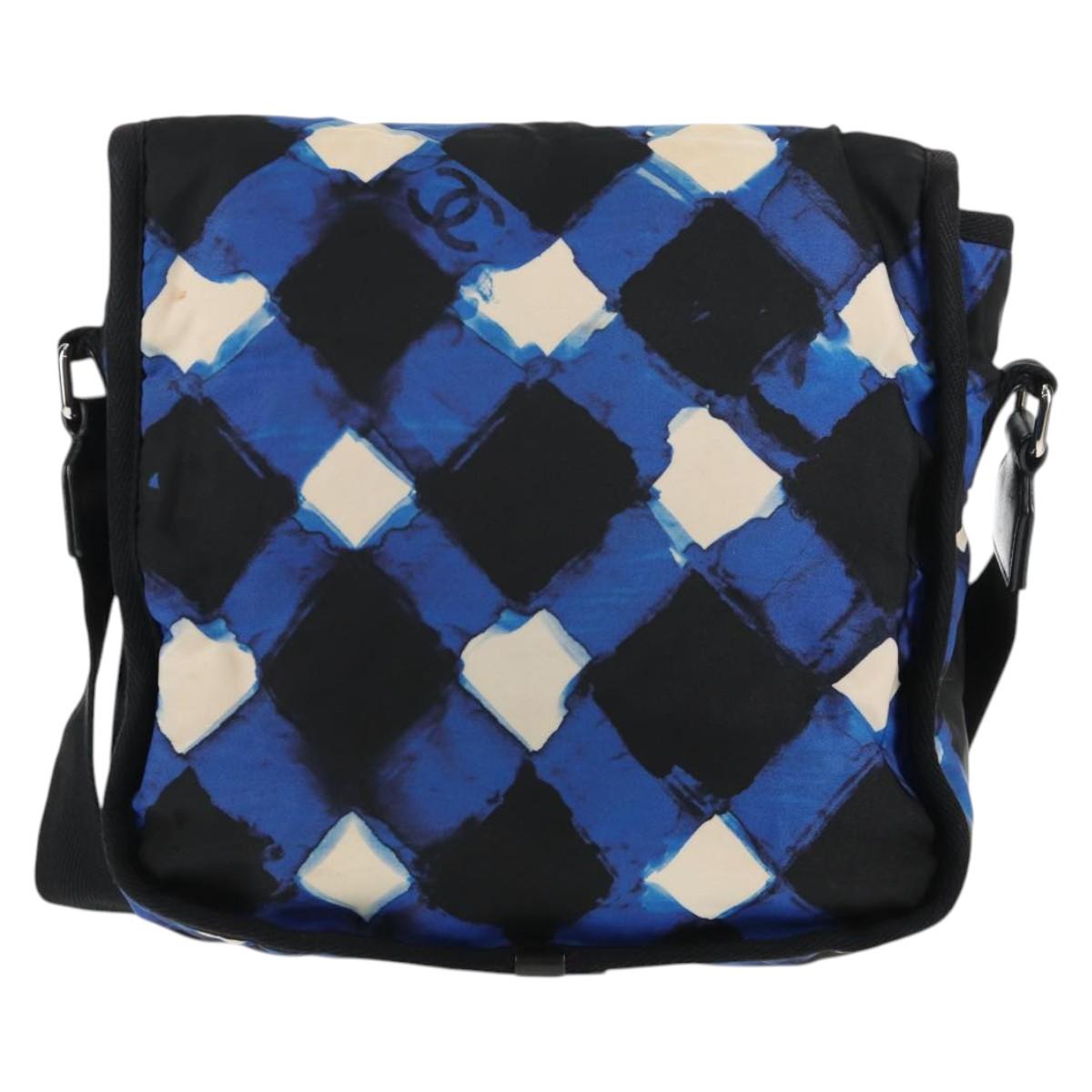 CHANEL Shoulder Bag Nylon Blue Black Silver CC Auth 141222A