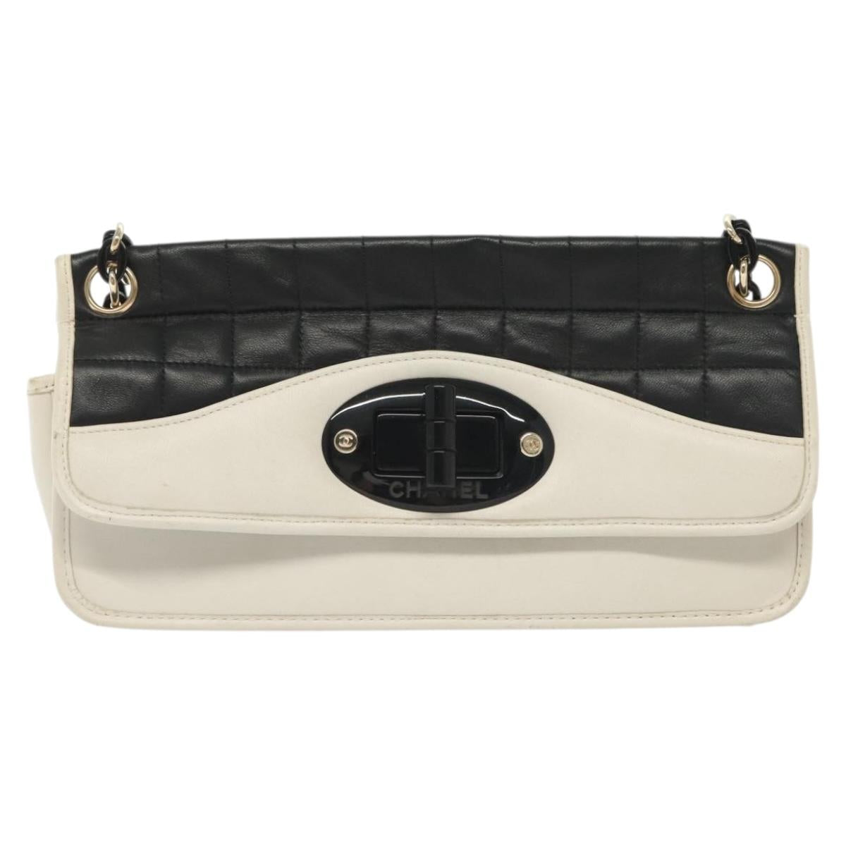 CHANEL Chain Choco Bar Line Bag Lamb Skin Black White gold CC Auth 141256