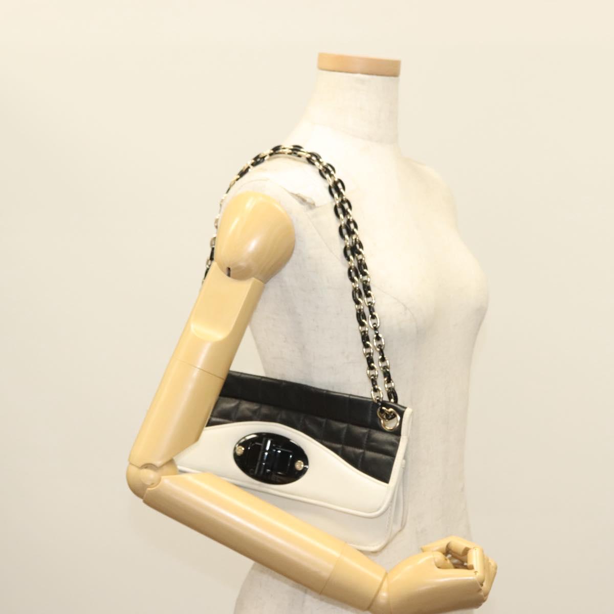 CHANEL Chain Choco Bar Line Bag Lamb Skin Black White gold CC Auth 141256