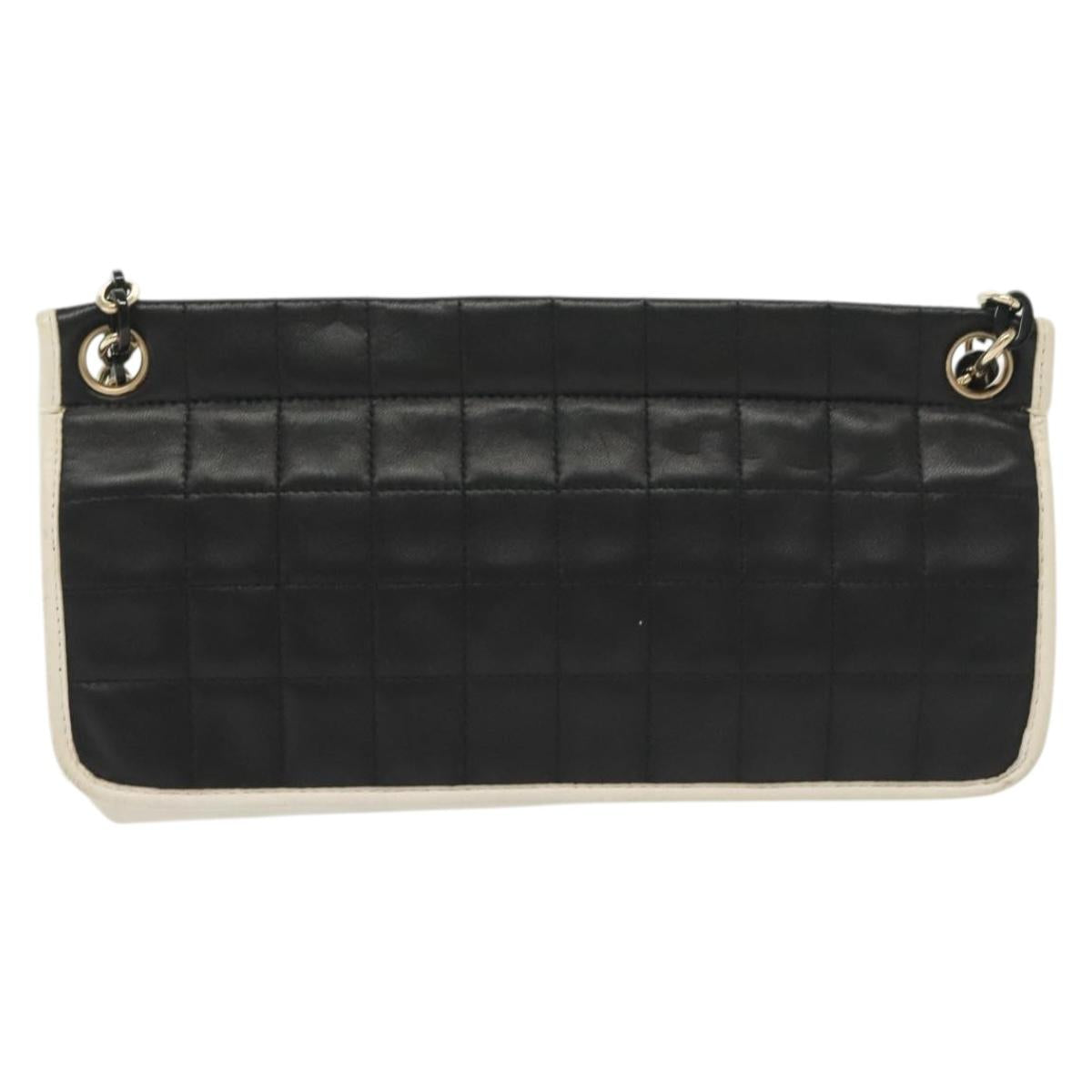 CHANEL Chain Choco Bar Line Bag Lamb Skin Black White gold CC Auth 141256