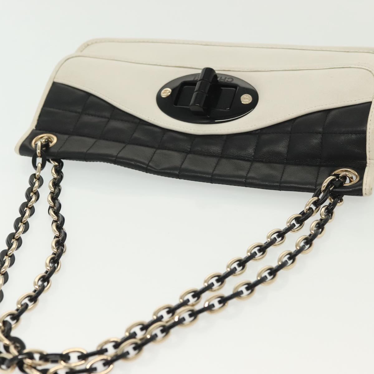 CHANEL Chain Choco Bar Line Bag Lamb Skin Black White gold CC Auth 141256