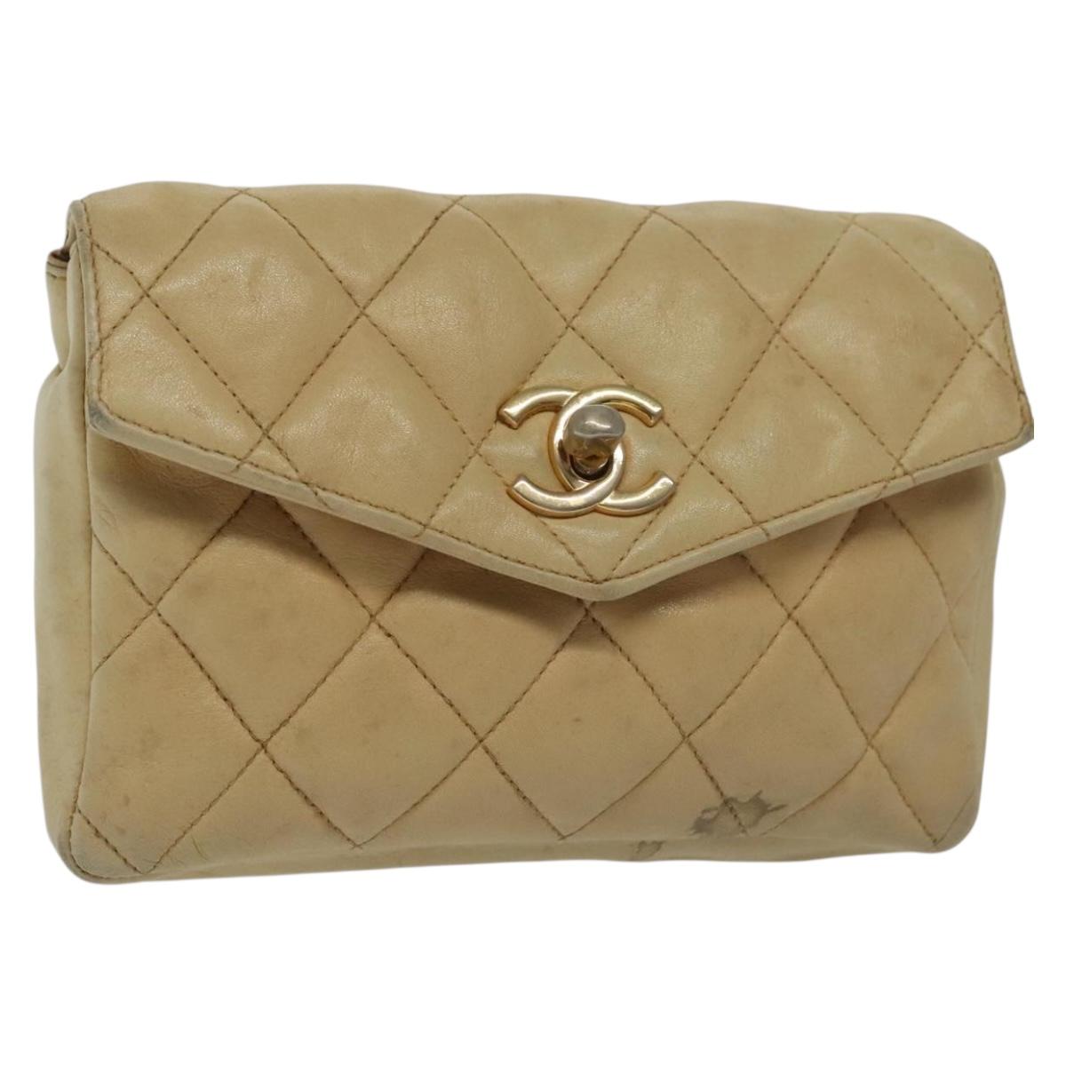 CHANEL Matelasse Shoulder Bag Lamb Skin Beige Gold CC Auth 141258