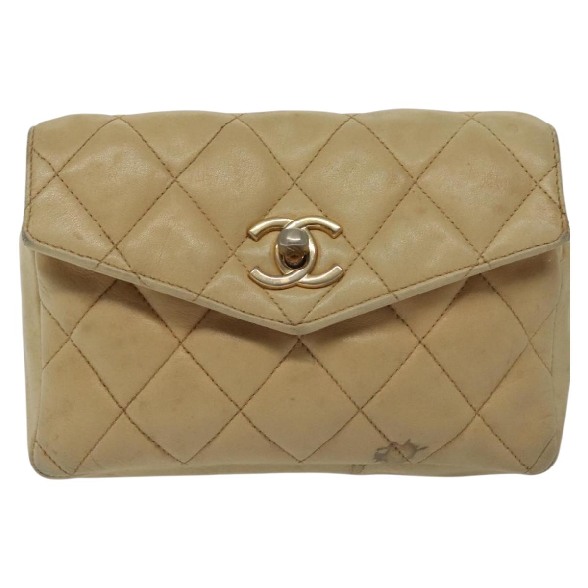CHANEL Matelasse Shoulder Bag Lamb Skin Beige Gold CC Auth 141258