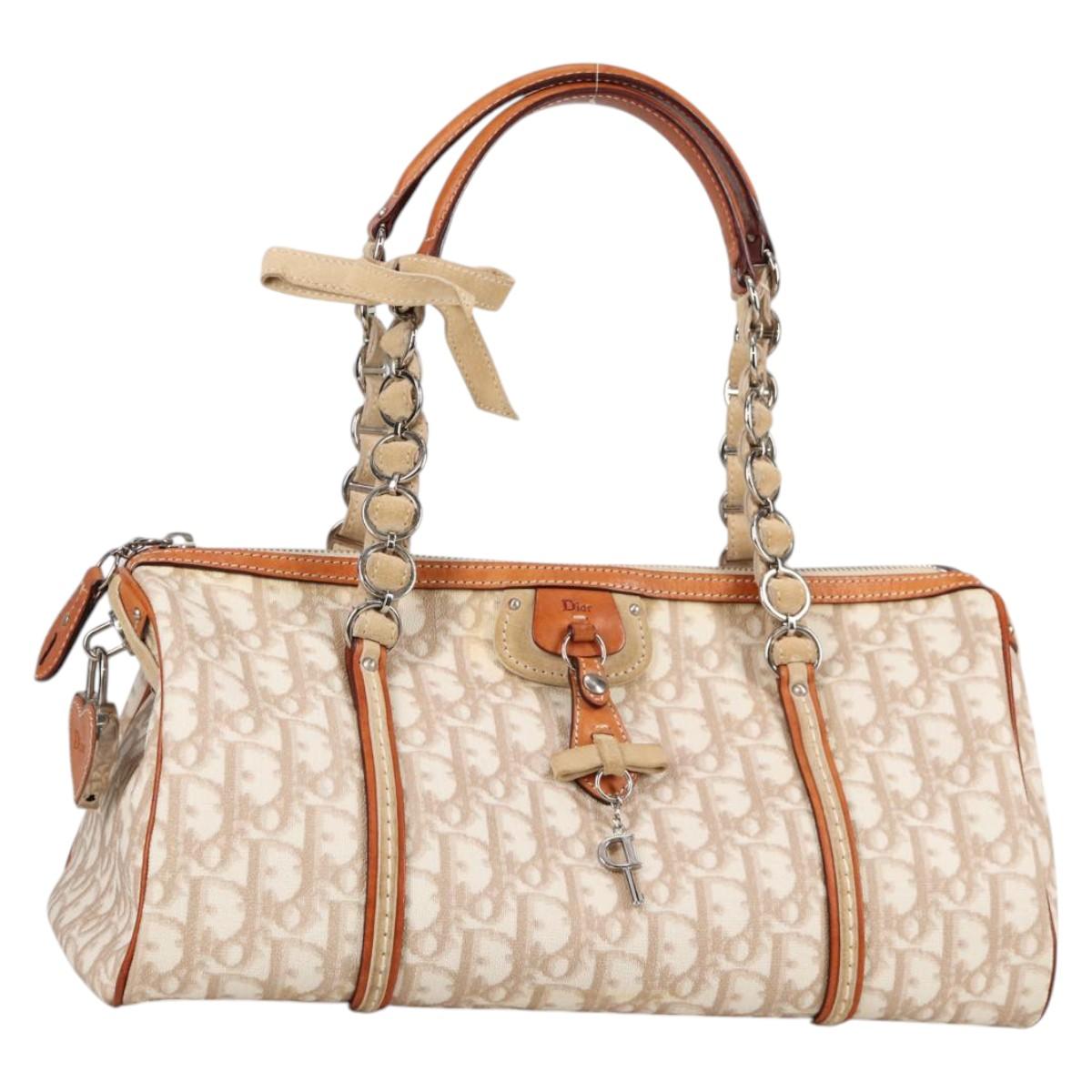 Christian Dior Trotter Canvas Romantic Hand Bag PVC Beige Silver Auth 141261V