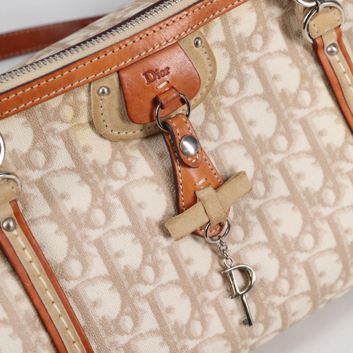 Christian Dior Trotter Canvas Romantic Hand Bag PVC Beige Silver Auth 141261V