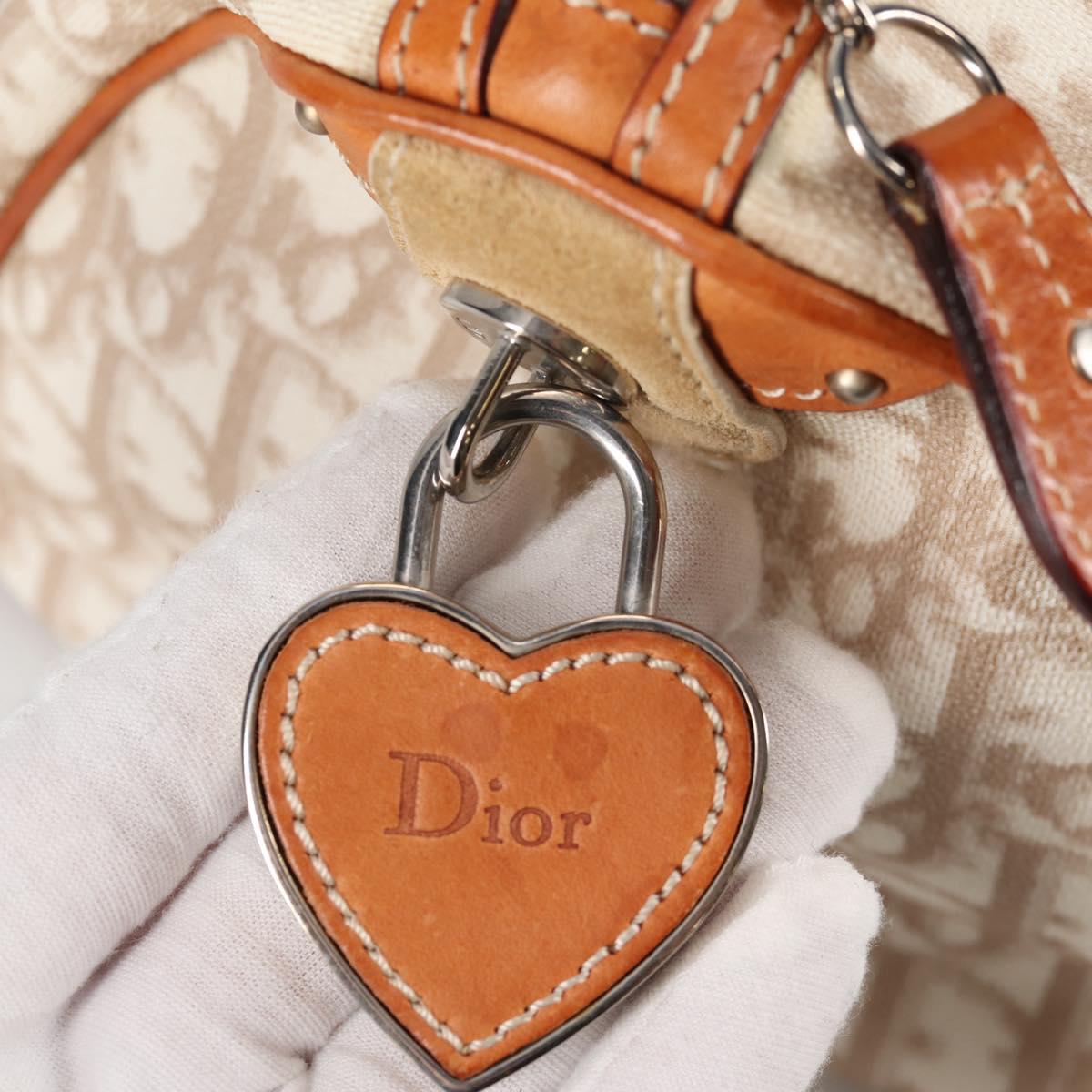 Christian Dior Trotter Canvas Romantic Hand Bag PVC Beige Silver Auth 141261V