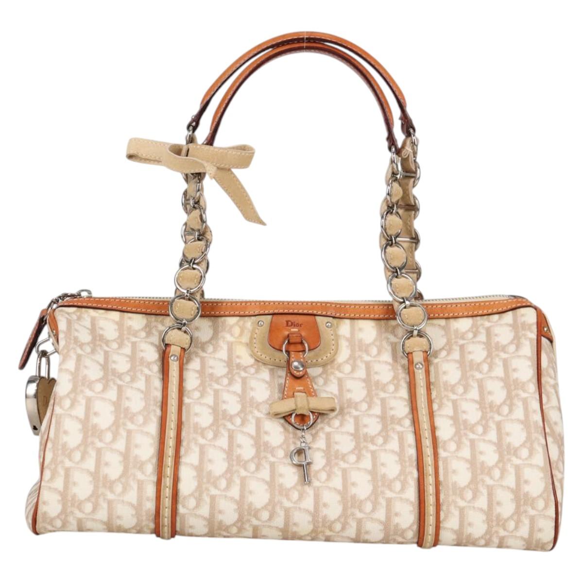 Christian Dior Trotter Canvas Romantic Hand Bag PVC Beige Silver Auth 141261V