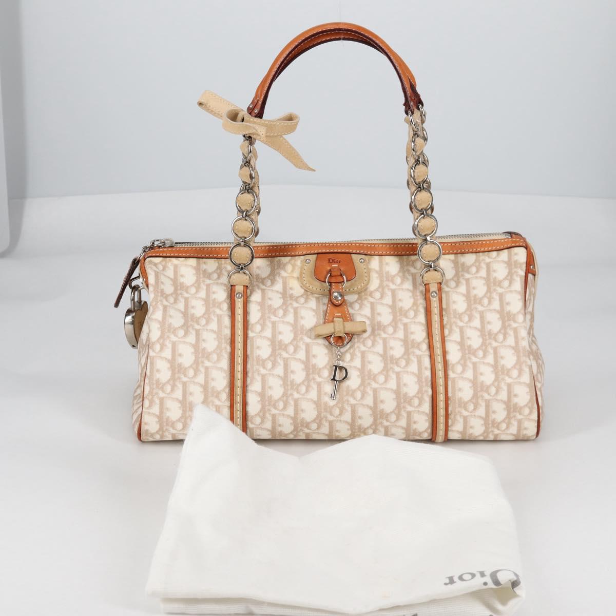Christian Dior Trotter Canvas Romantic Hand Bag PVC Beige Silver Auth 141261V