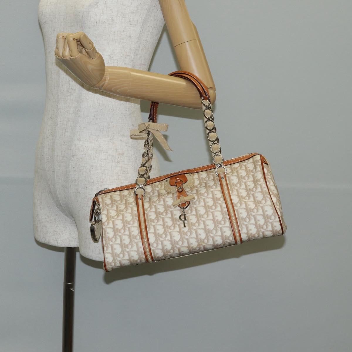 Christian Dior Trotter Canvas Romantic Hand Bag PVC Beige Silver Auth 141261V