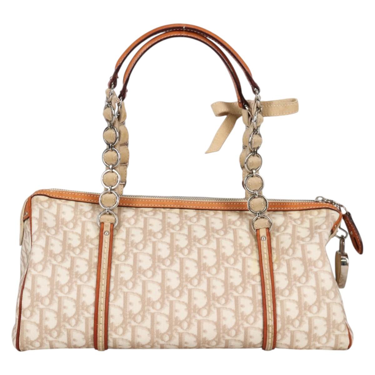 Christian Dior Trotter Canvas Romantic Hand Bag PVC Beige Silver Auth 141261V
