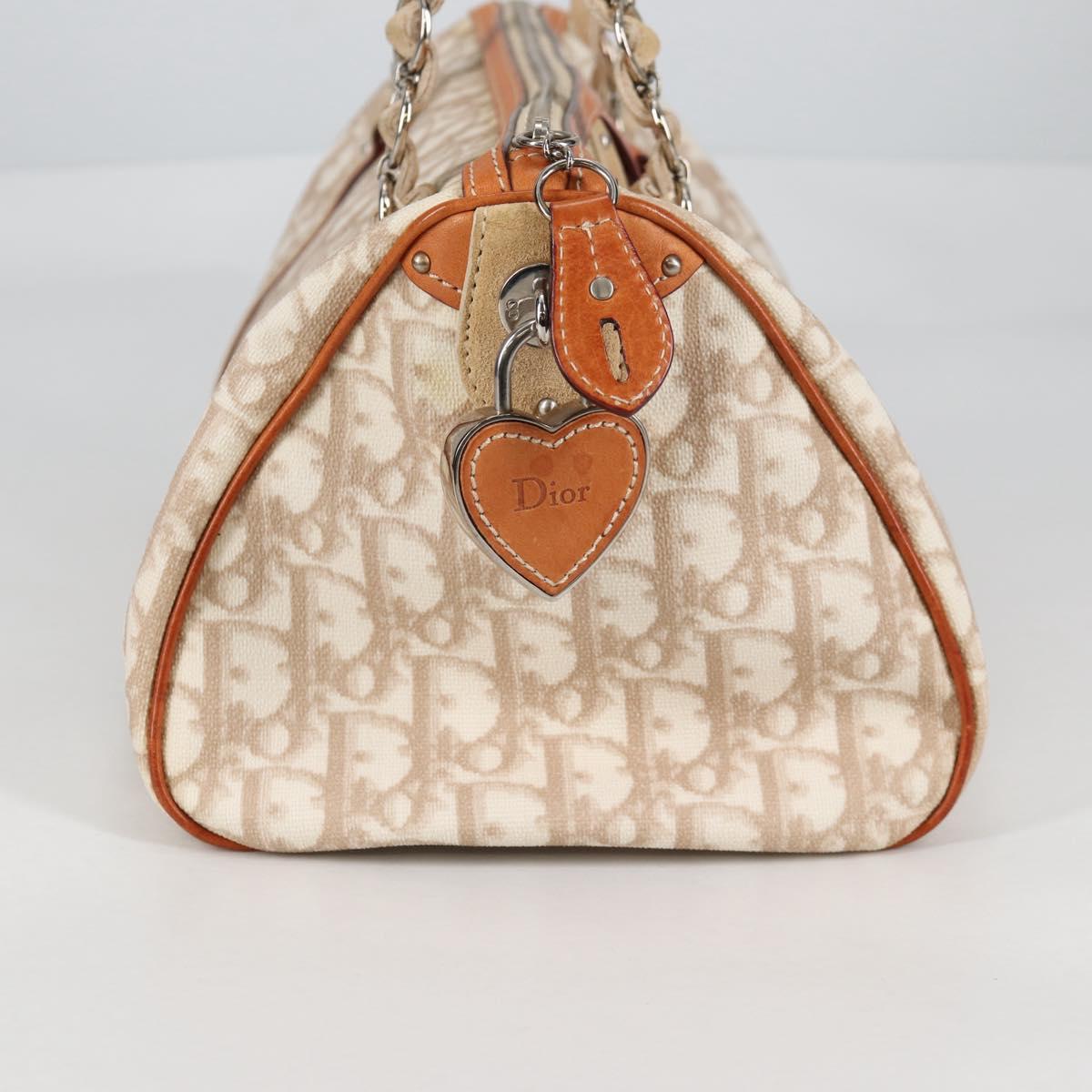 Christian Dior Trotter Canvas Romantic Hand Bag PVC Beige Silver Auth 141261V