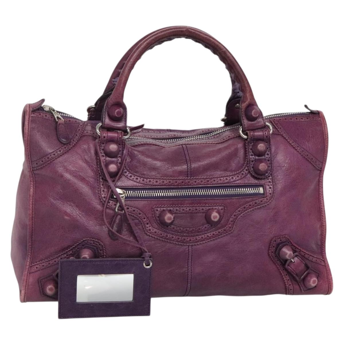 BALENCIAGA The Work Hand Bag Leather Purple Silver Auth 141272