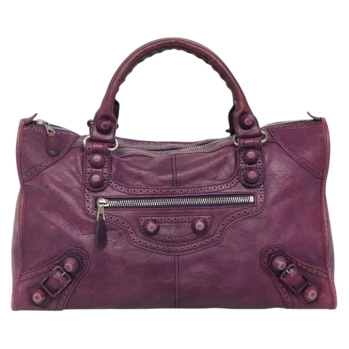 BALENCIAGA The Work Hand Bag Leather Purple Silver Auth 141272