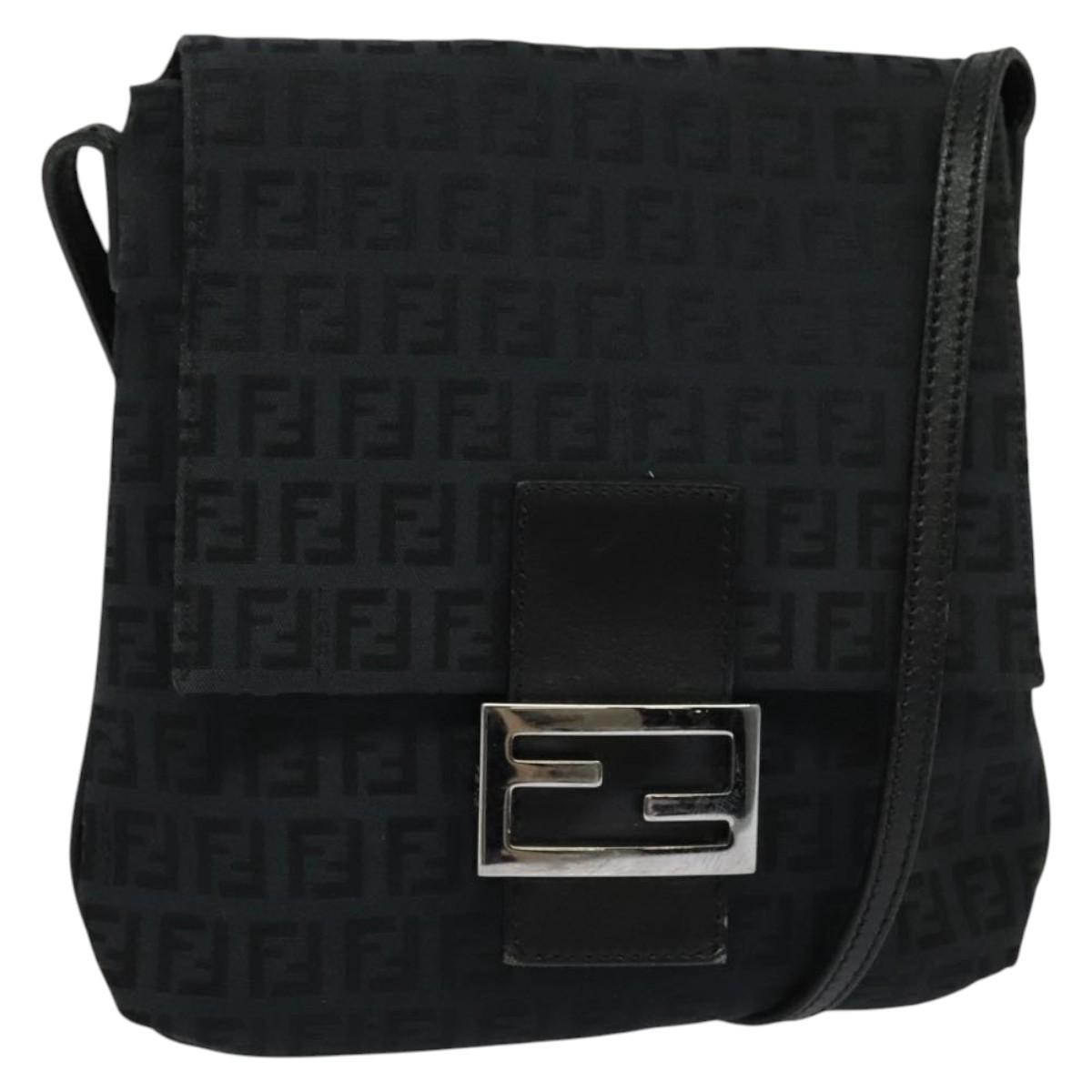 FENDI Zucchino Canvas Mamma Baguette Shoulder Bag Black Silver Auth 141276