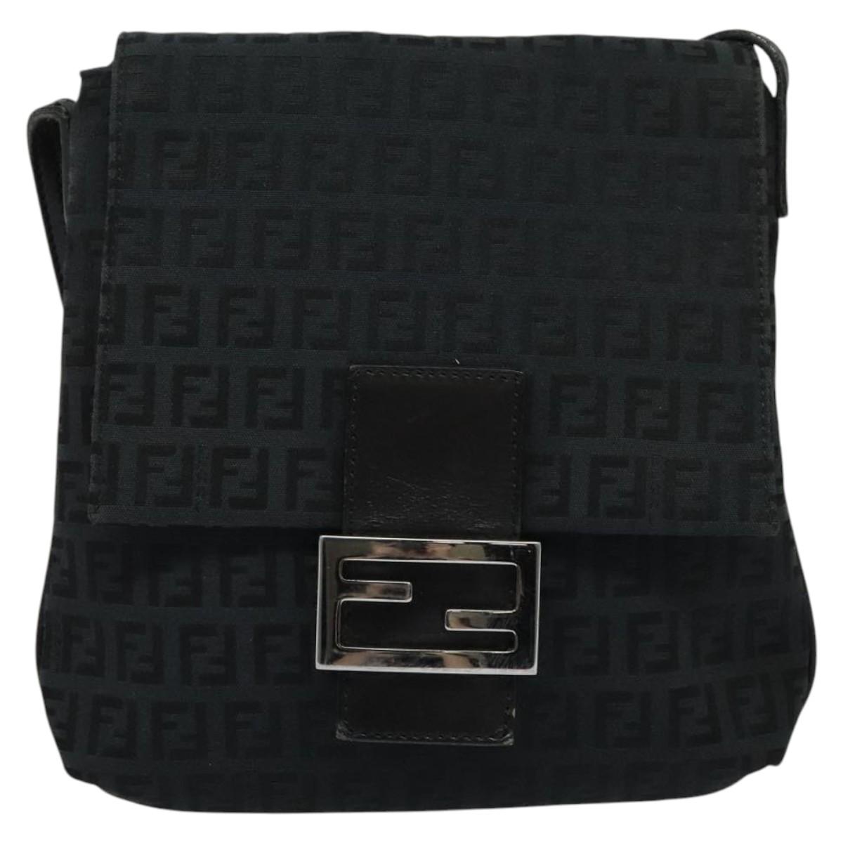 FENDI Zucchino Canvas Mamma Baguette Shoulder Bag Black Silver Auth 141276