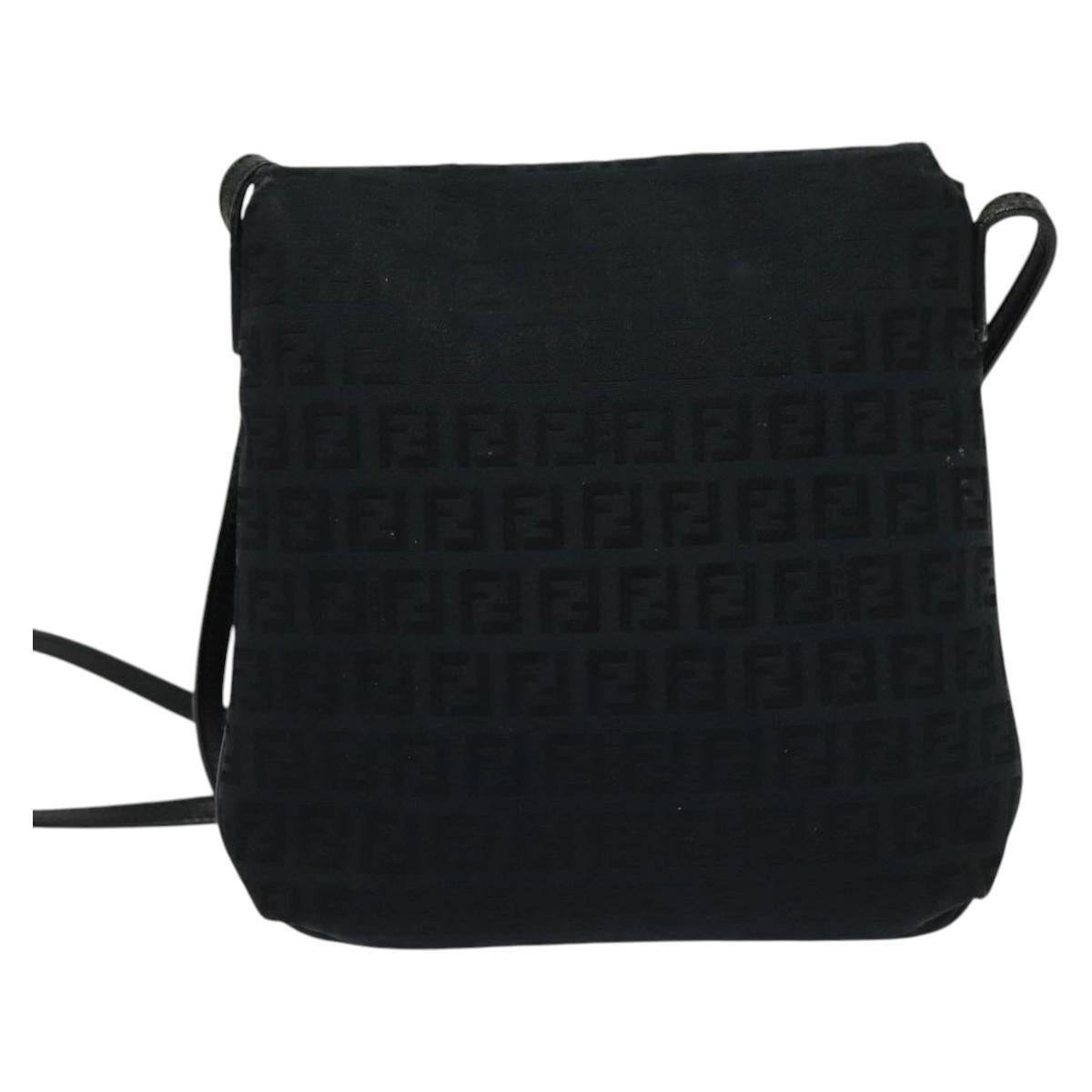 FENDI Zucchino Canvas Mamma Baguette Shoulder Bag Black Silver Auth 141276