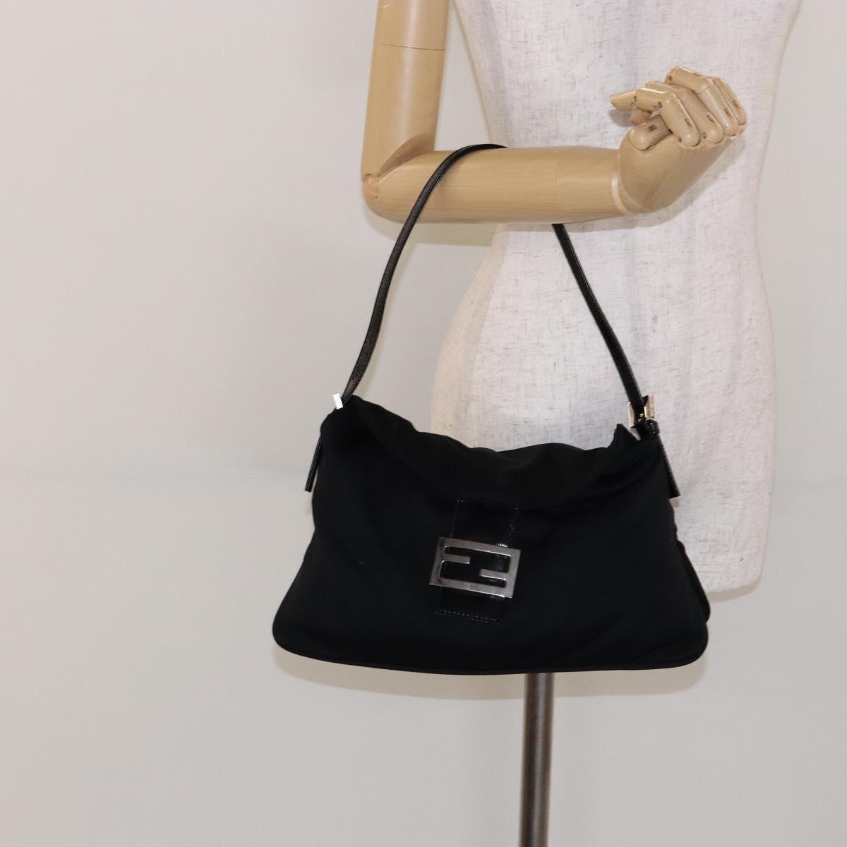 FENDI Mamma Baguette Shoulder Bag Nylon Black Silver Auth 141277