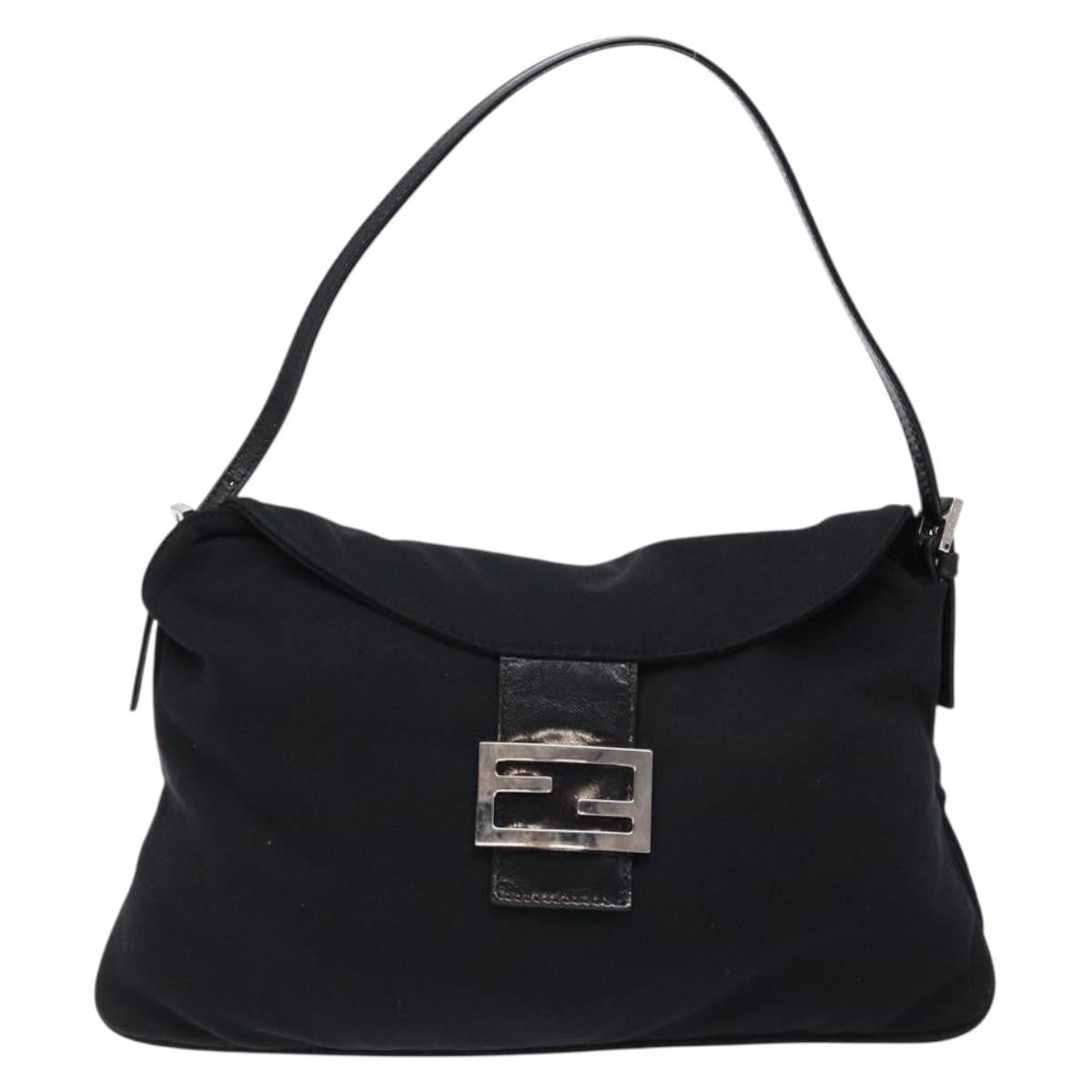 FENDI Mamma Baguette Shoulder Bag Nylon Black Silver Auth 141277