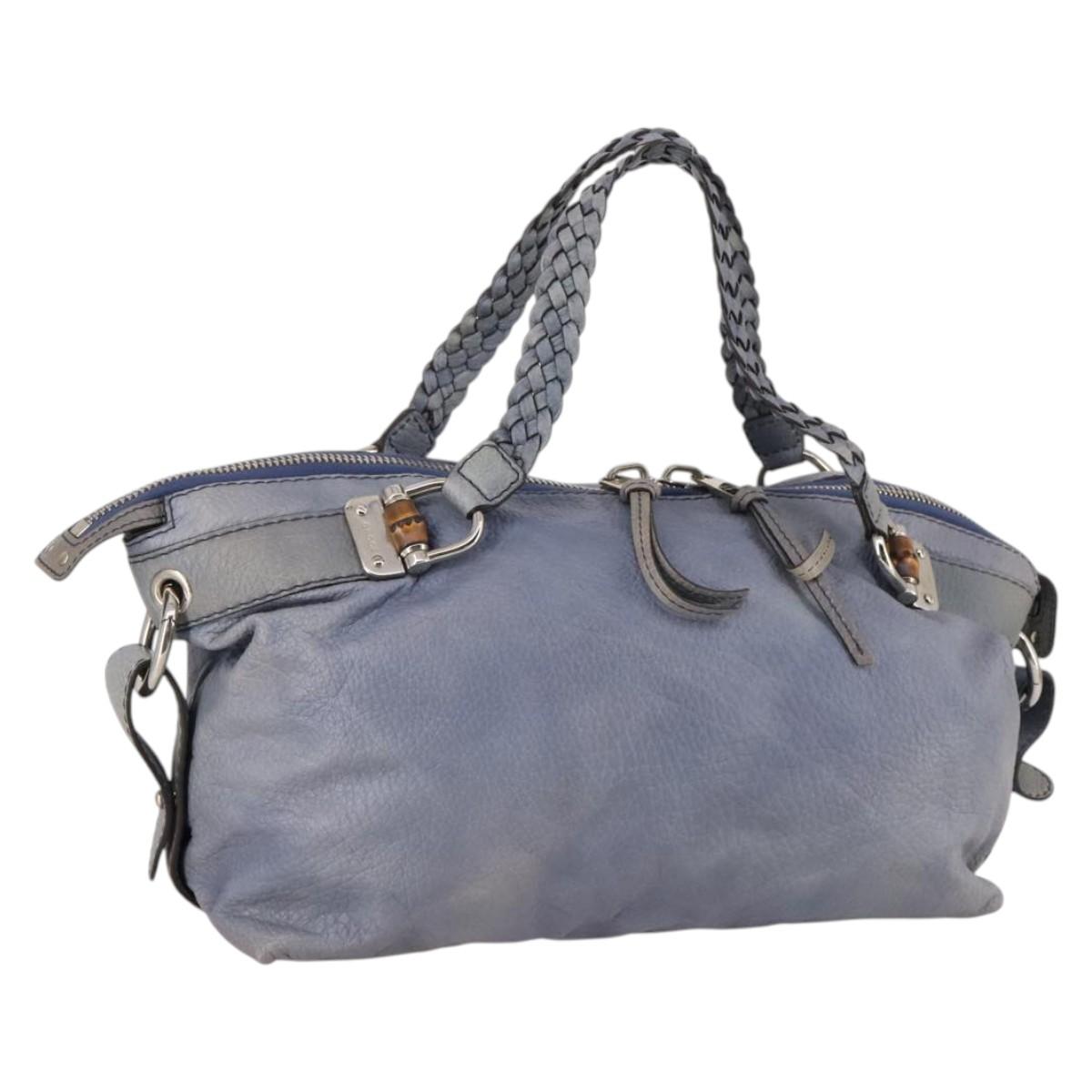 GUCCI Bamboo Hand Bag Leather Blue Gold 232959 Auth 141354