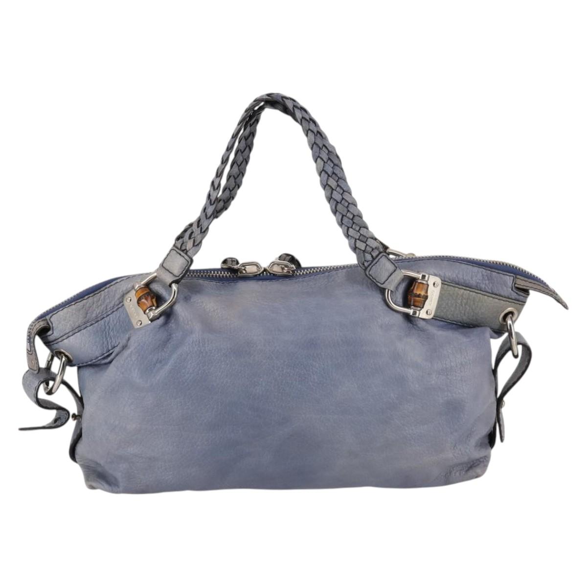 GUCCI Bamboo Hand Bag Leather Blue Gold 232959 Auth 141354