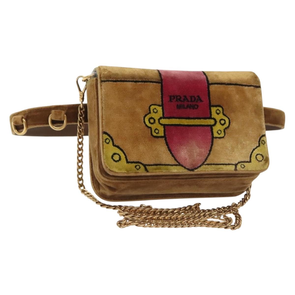 PRADA Chain Kaye Shoulder Bag Velor Beige Gold Auth 141360