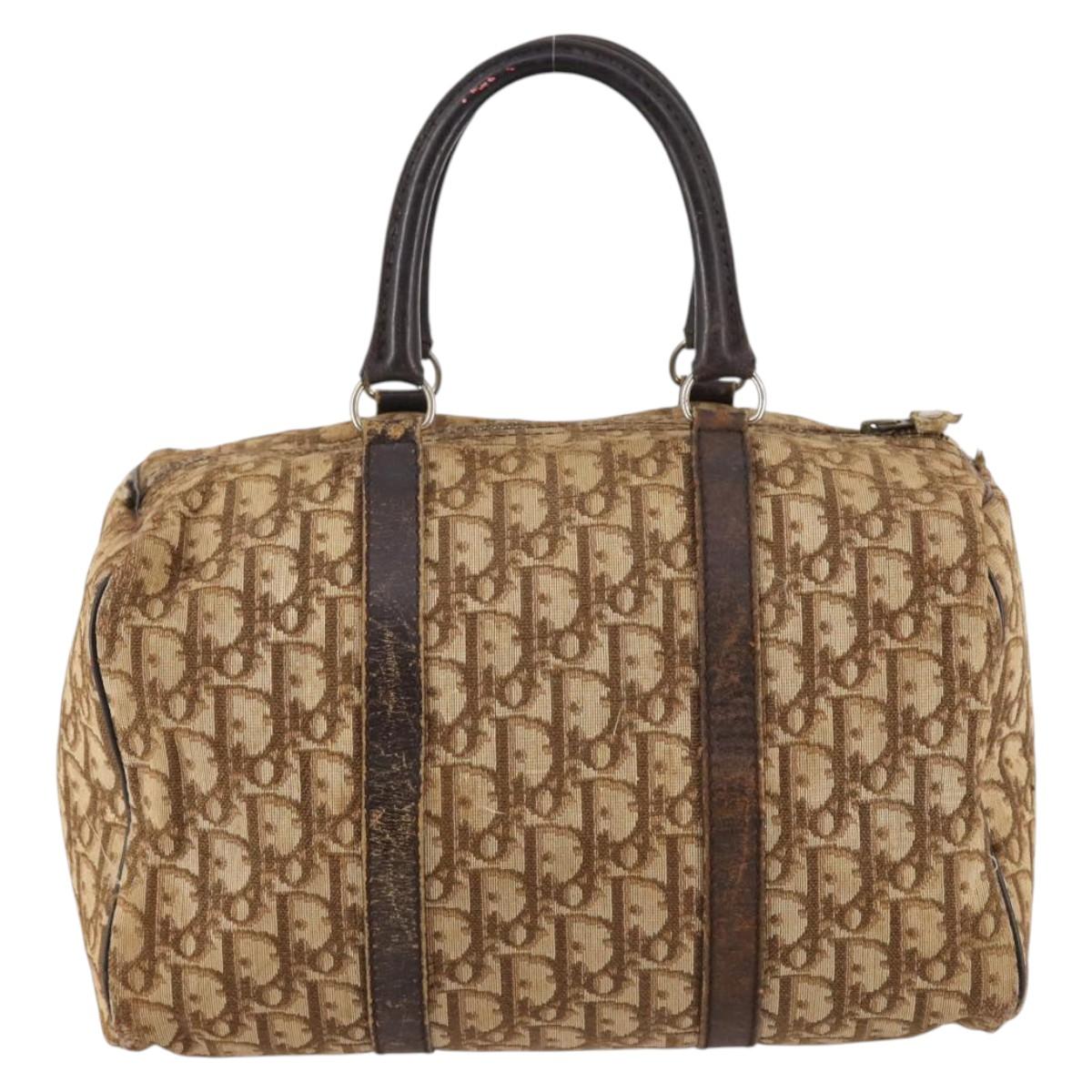 Christian Dior Trotter Canvas Boston Bag Brown Gold Auth 141365