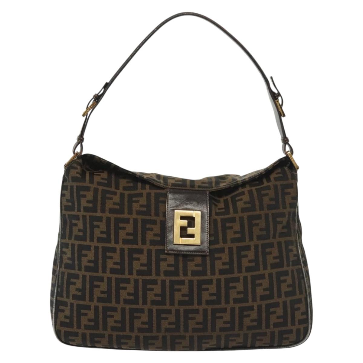 FENDI Zucca Canvas Shoulder Bag Black Brown gold Auth 141407