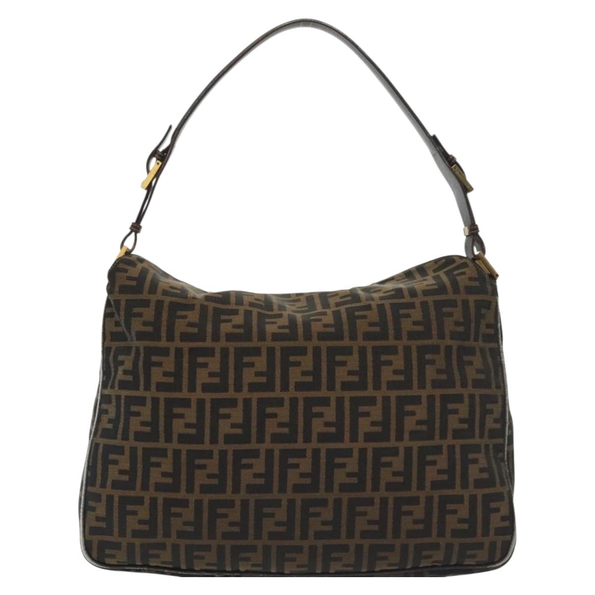 FENDI Zucca Canvas Shoulder Bag Black Brown gold Auth 141407