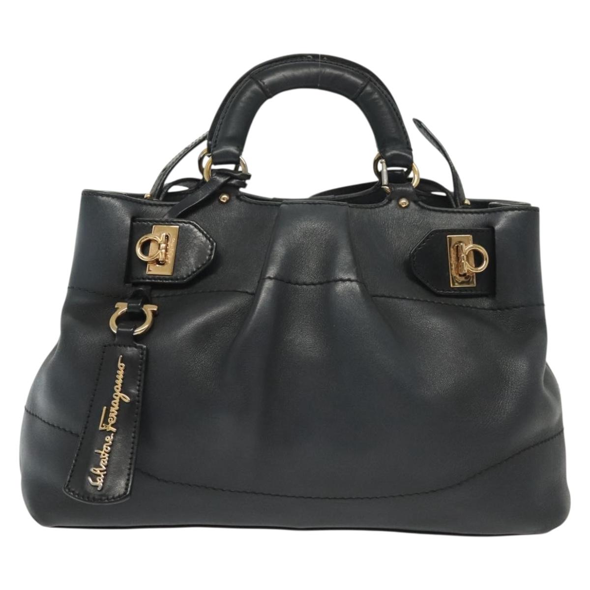 Salvatore Ferragamo Gancini Hand Bag Leather 2way Navy Gold Auth 141427