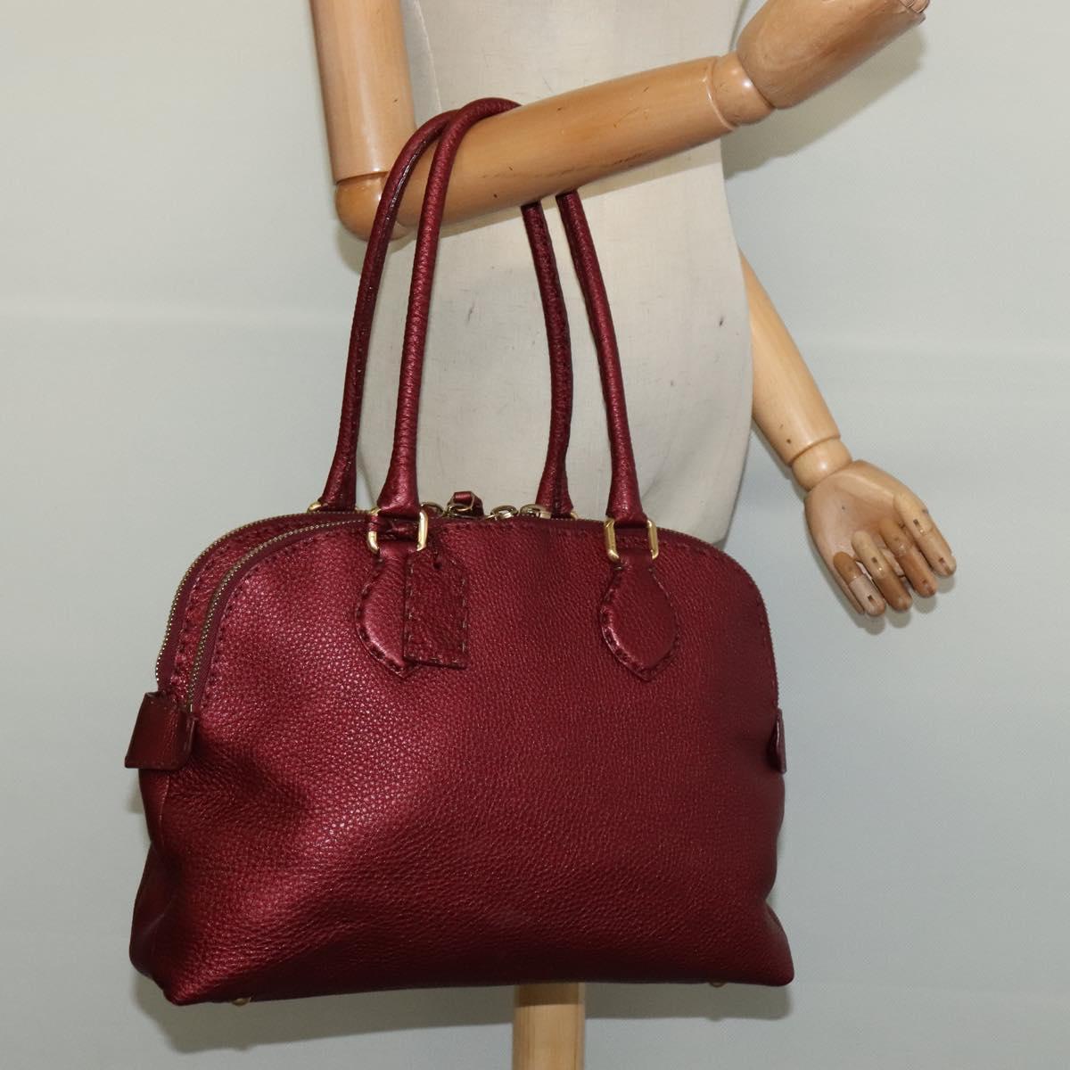 FENDI Celeria Shoulder Bag Leather Red Gold Auth 141479