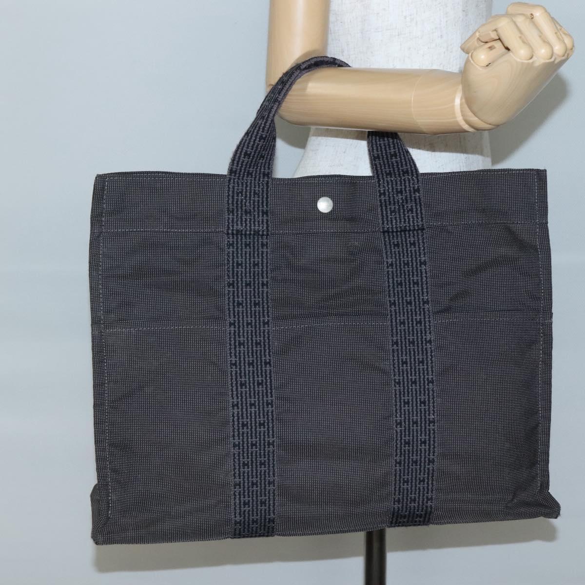 HERMES Her Line MM Hand Bag Canvas Gray Silver Auth 141483