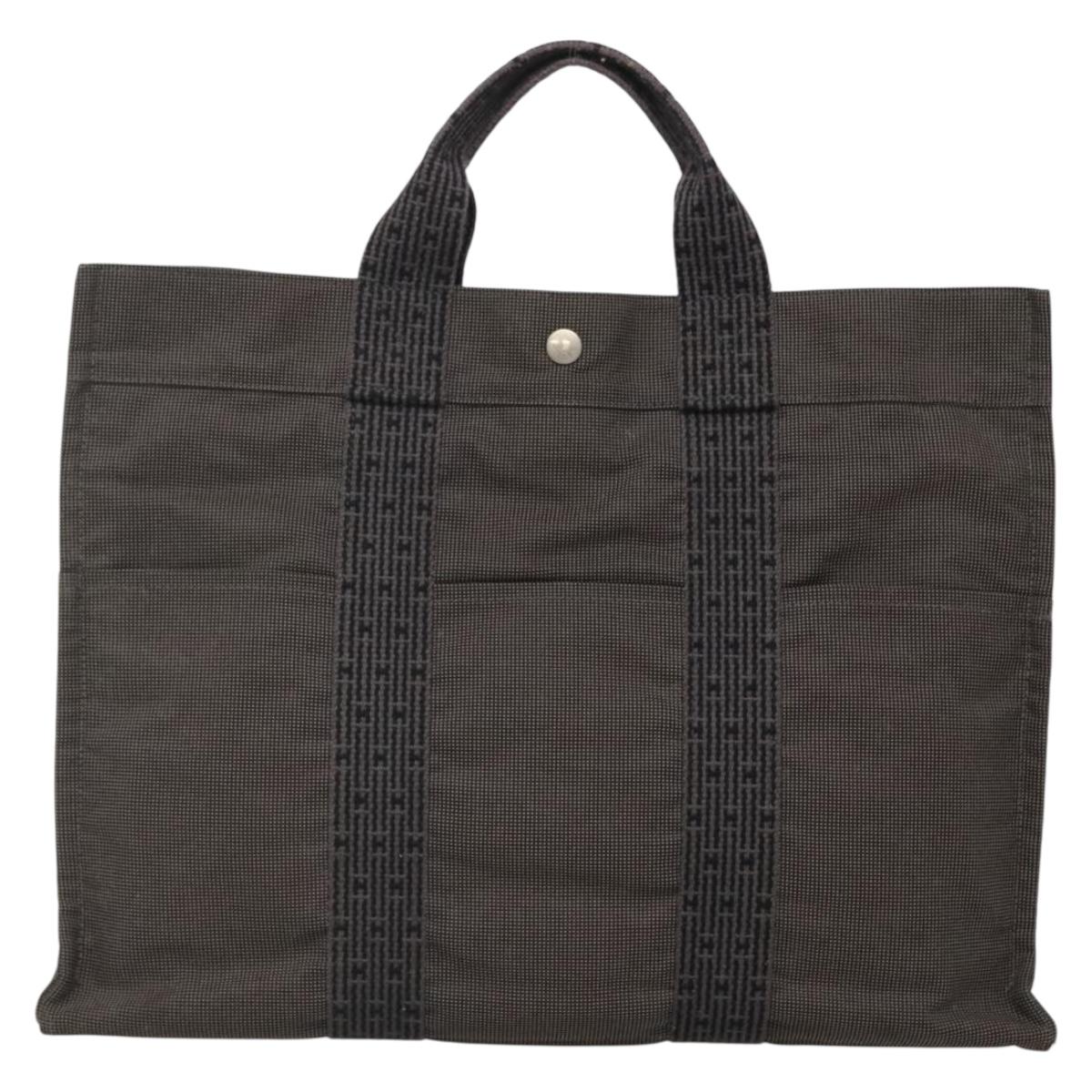 HERMES Her Line MM Hand Bag Canvas Gray Silver Auth 141483